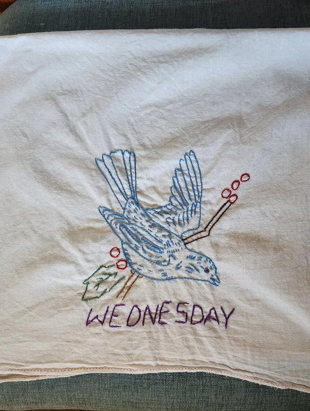 8 Vintage Embroidered Birds & Day Of The Week White Tea Towels